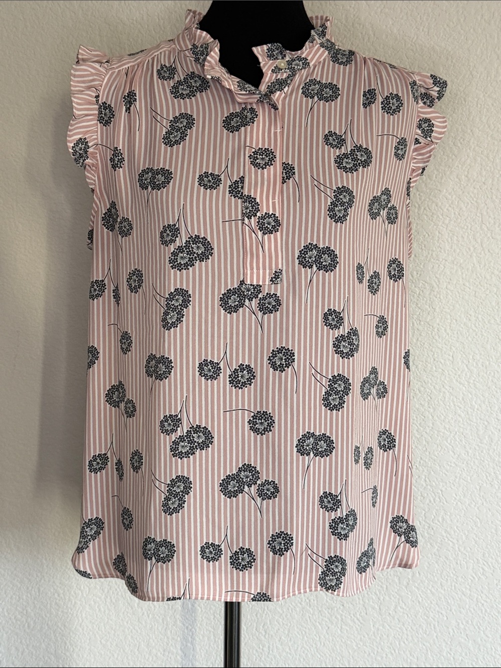 LOFT Pink and Black Floral Stripe Ruffle Cap-Sleeve Blouse